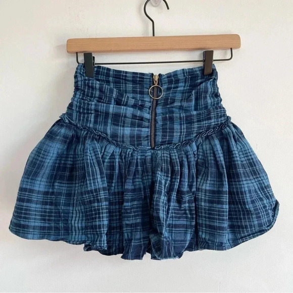 Ramy Brook Darla Pleated Mini Skirt Blue Plaid Zip Up Smocked School Girl XS - Picture 3 of 11